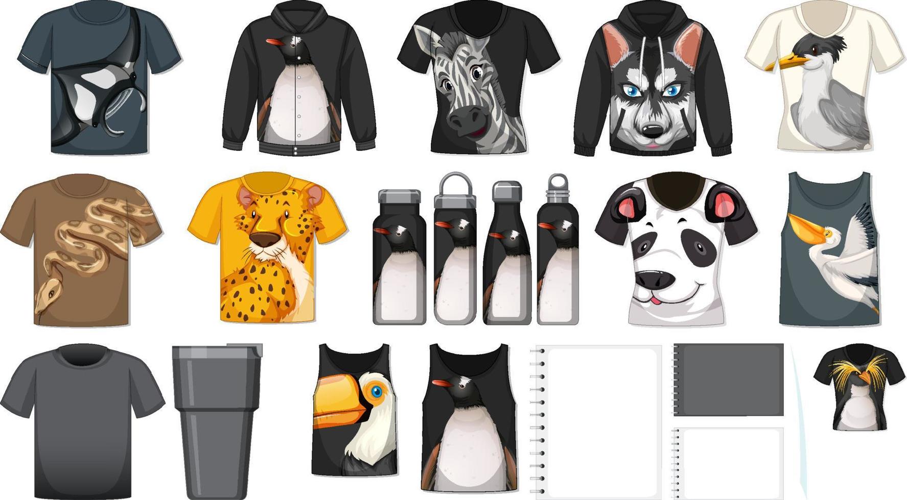 conjunto de diferentes camisetas y accesorios con estampados de animales. vector