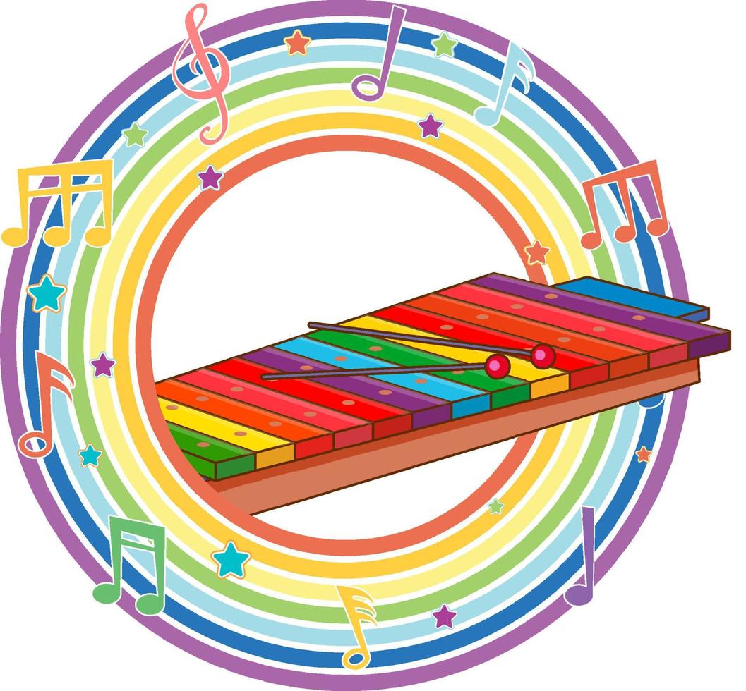 Xylophone in rainbow round frame with melody symbols vector