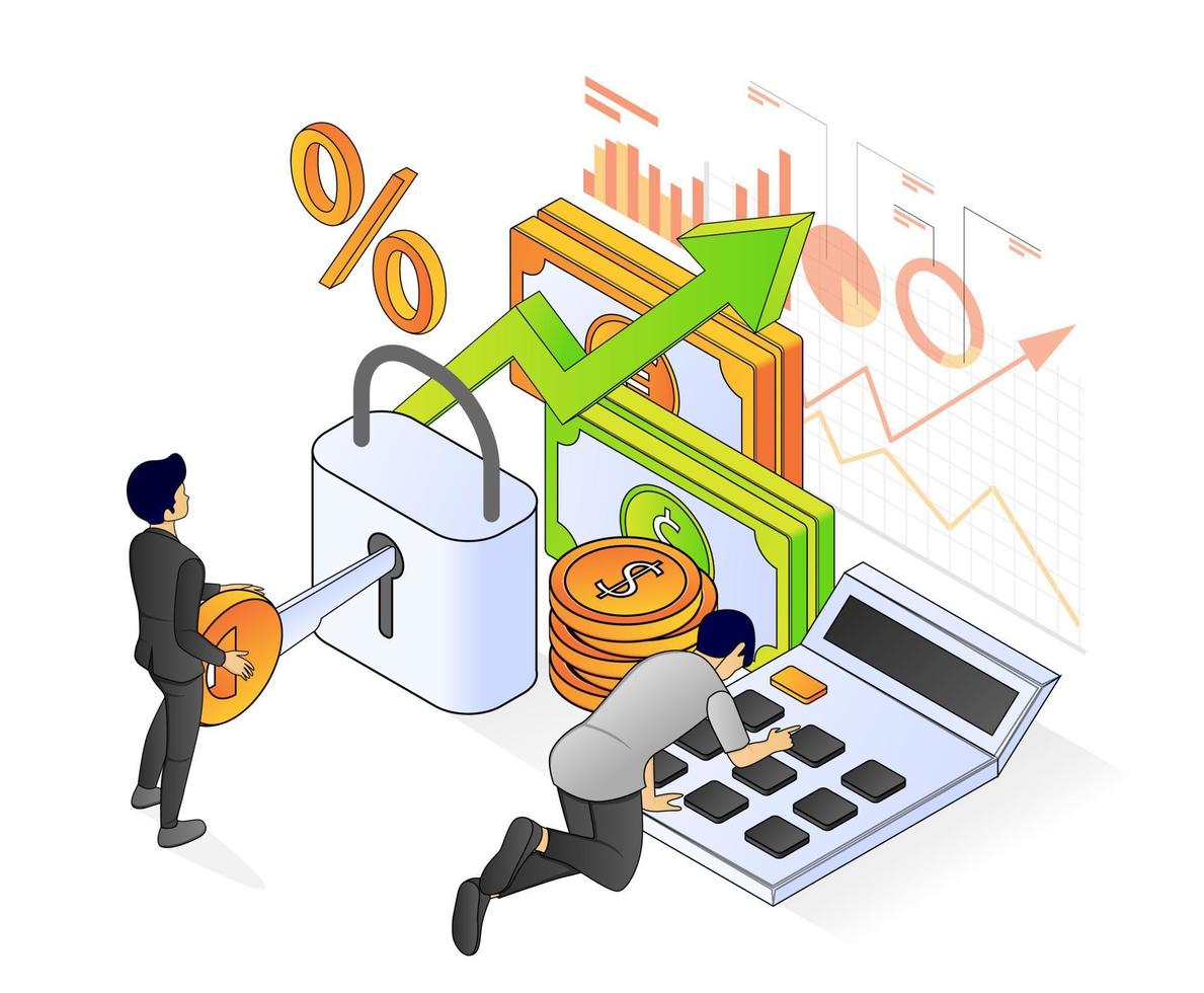 Ilustración de estilo isométrico de seguridad bancaria y financiera. vector