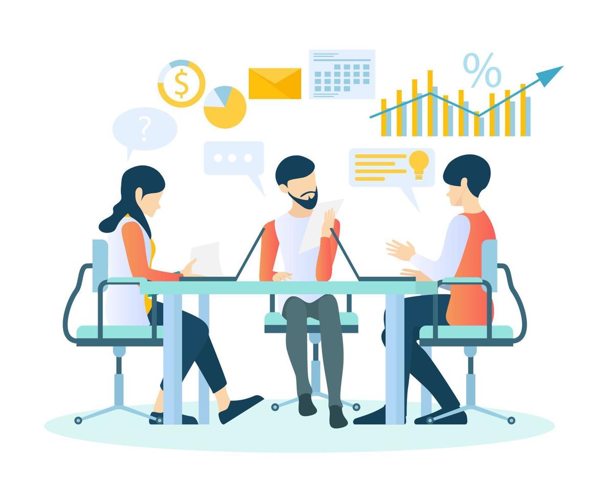 Isometric style illustration of meeting and discussions about growth business vector
