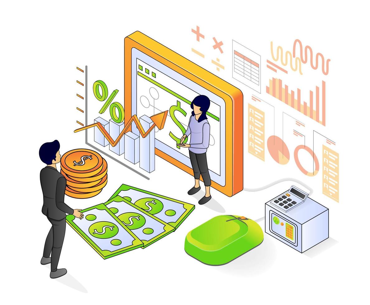 Isometric style illustration of banking and finance vector