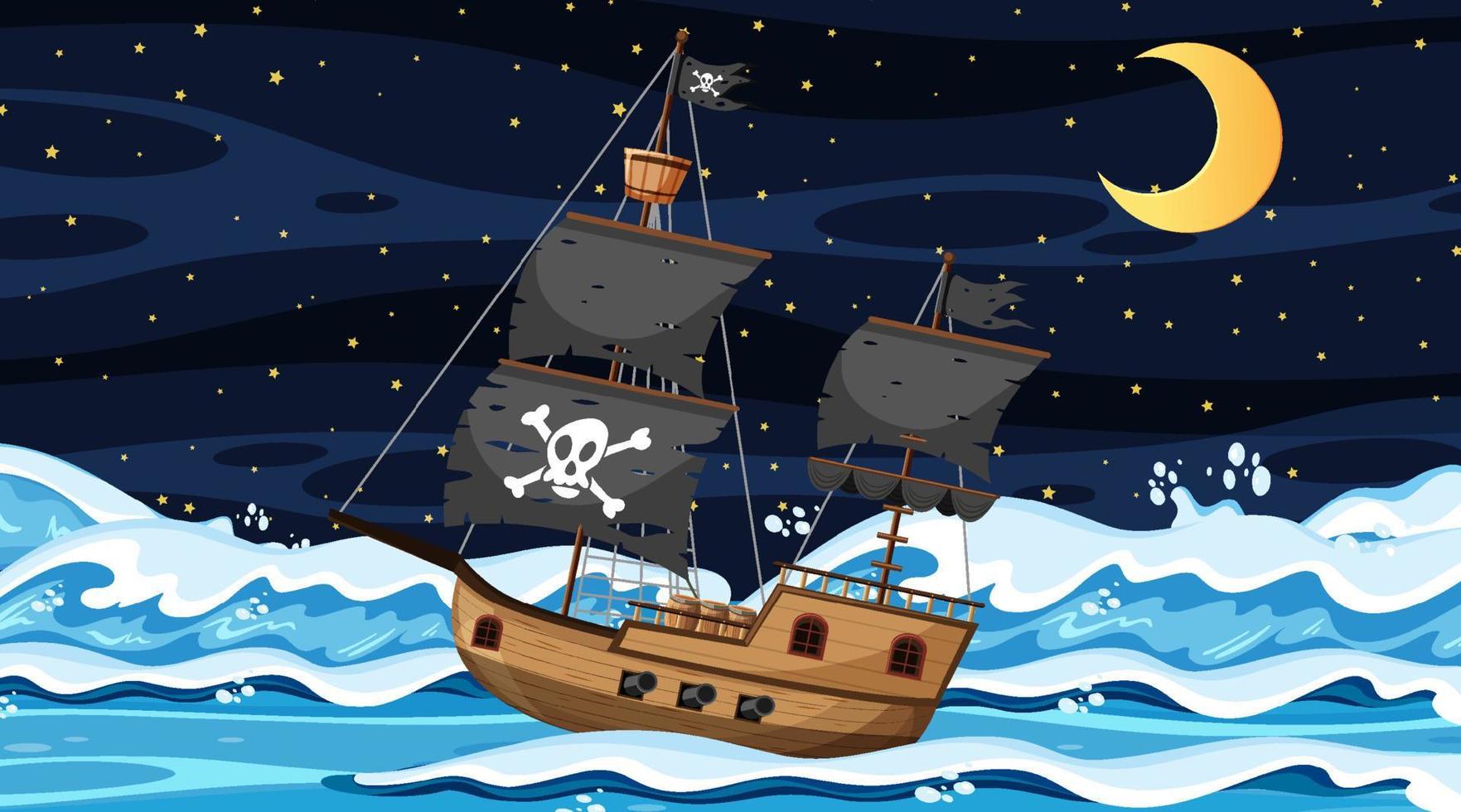 Ocean with Pirate ship at night scene in cartoon style vector