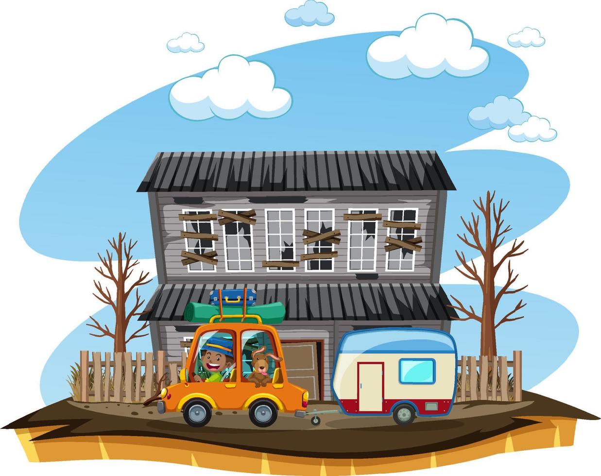 Man driving with his pet to country village with abandon house vector