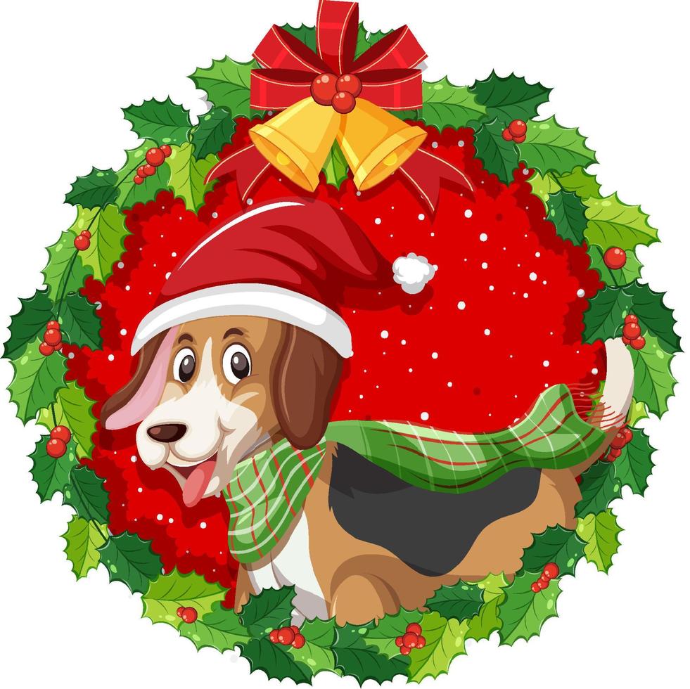 Perro beagle de dibujos animados en corona de Navidad aislado vector