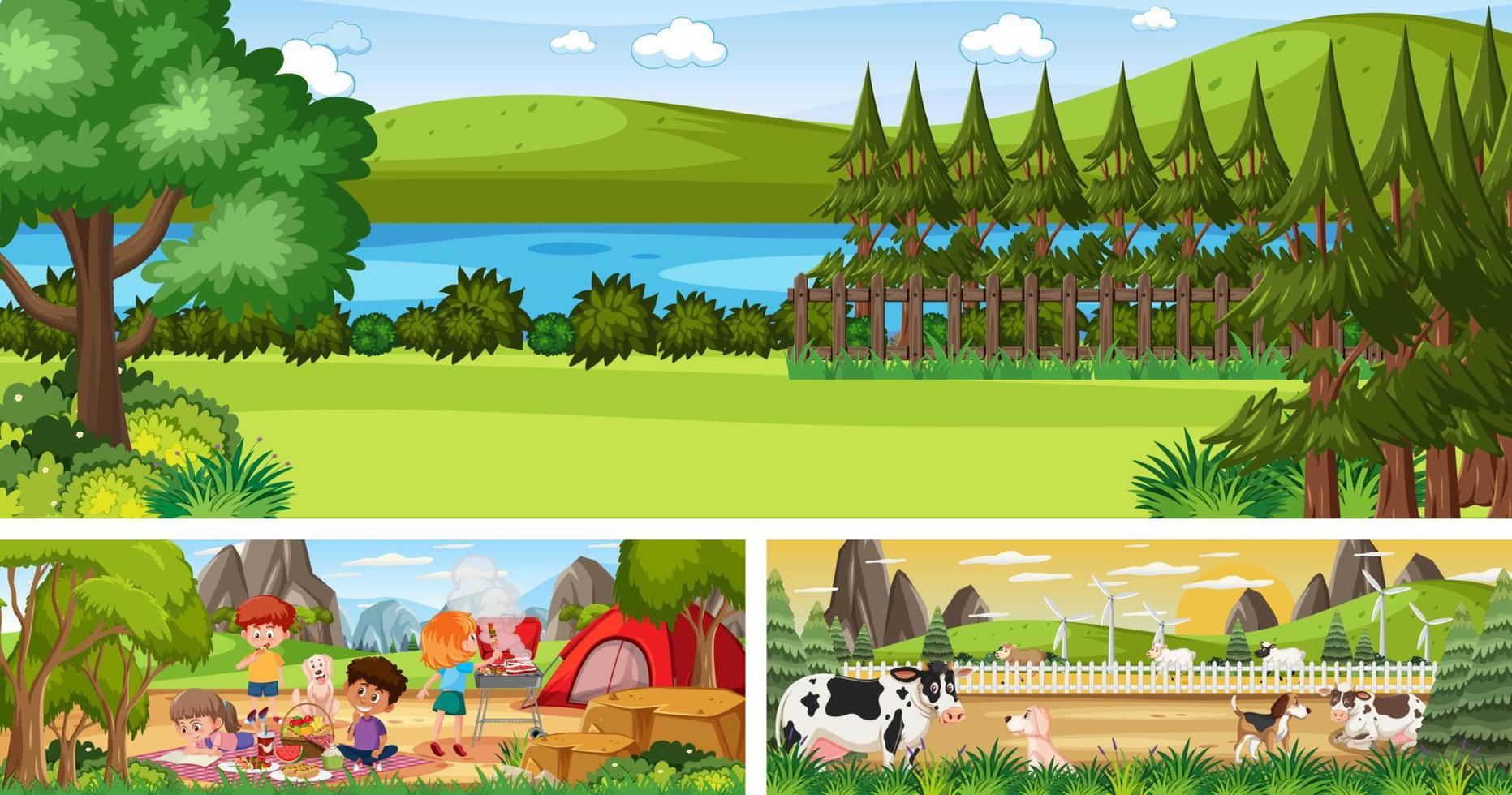 Set of different outdoor landscape scenes with cartoon character vector