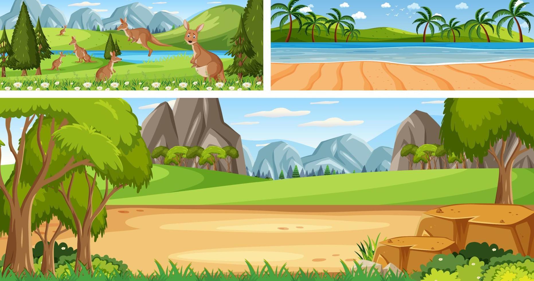 Set of different outdoor landscape scenes with cartoon character vector