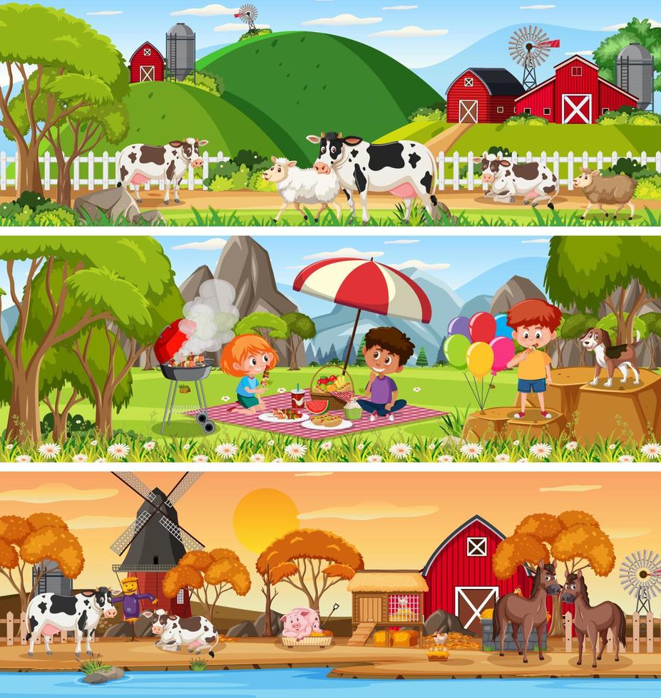 Different nature landscape at daytime scene with cartoon character vector