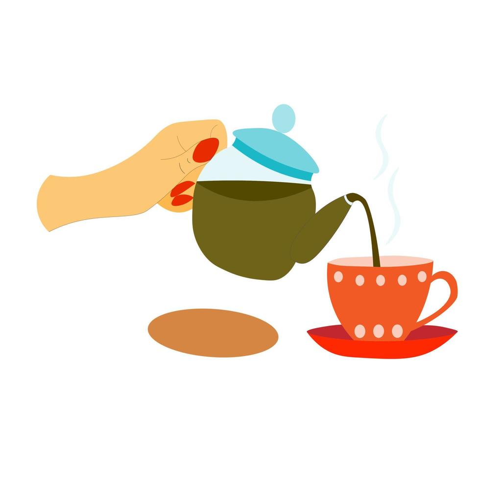 woman's hand pours herbal, fragrant and hot tea from blue teapot into red mug on saucer. Brewing tea, making drink. Top vector illustration