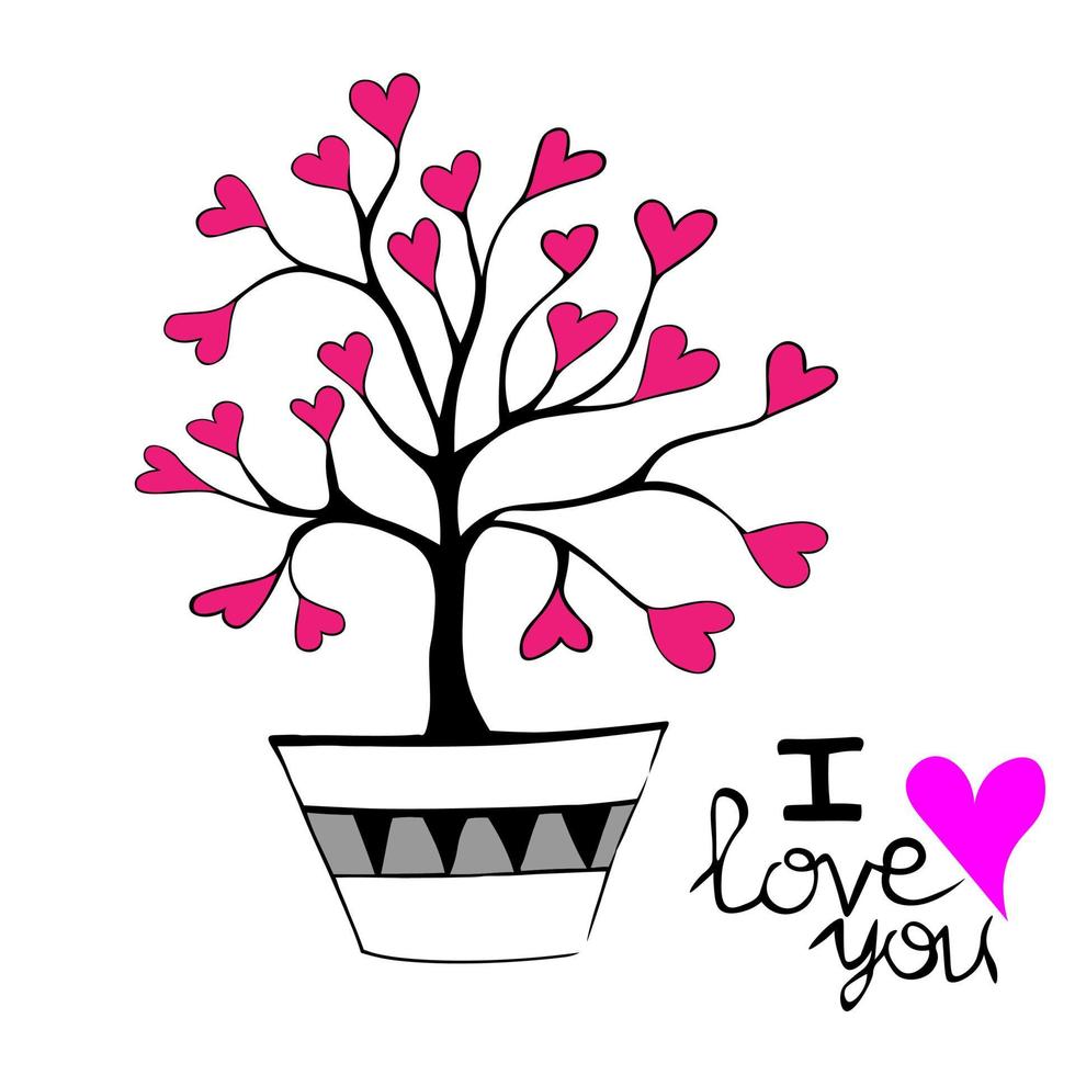 hand-drawn love tree. Red hearts instead of leaves. Decoration for bags, tunics, dresses, postcards and declarations of love. Vector