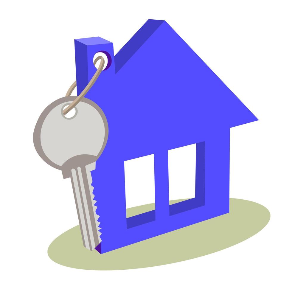 keychain in the shape of house is connected to gray metal key.  concept of buying, selling, renting Real Estate. Vector top Illustration.