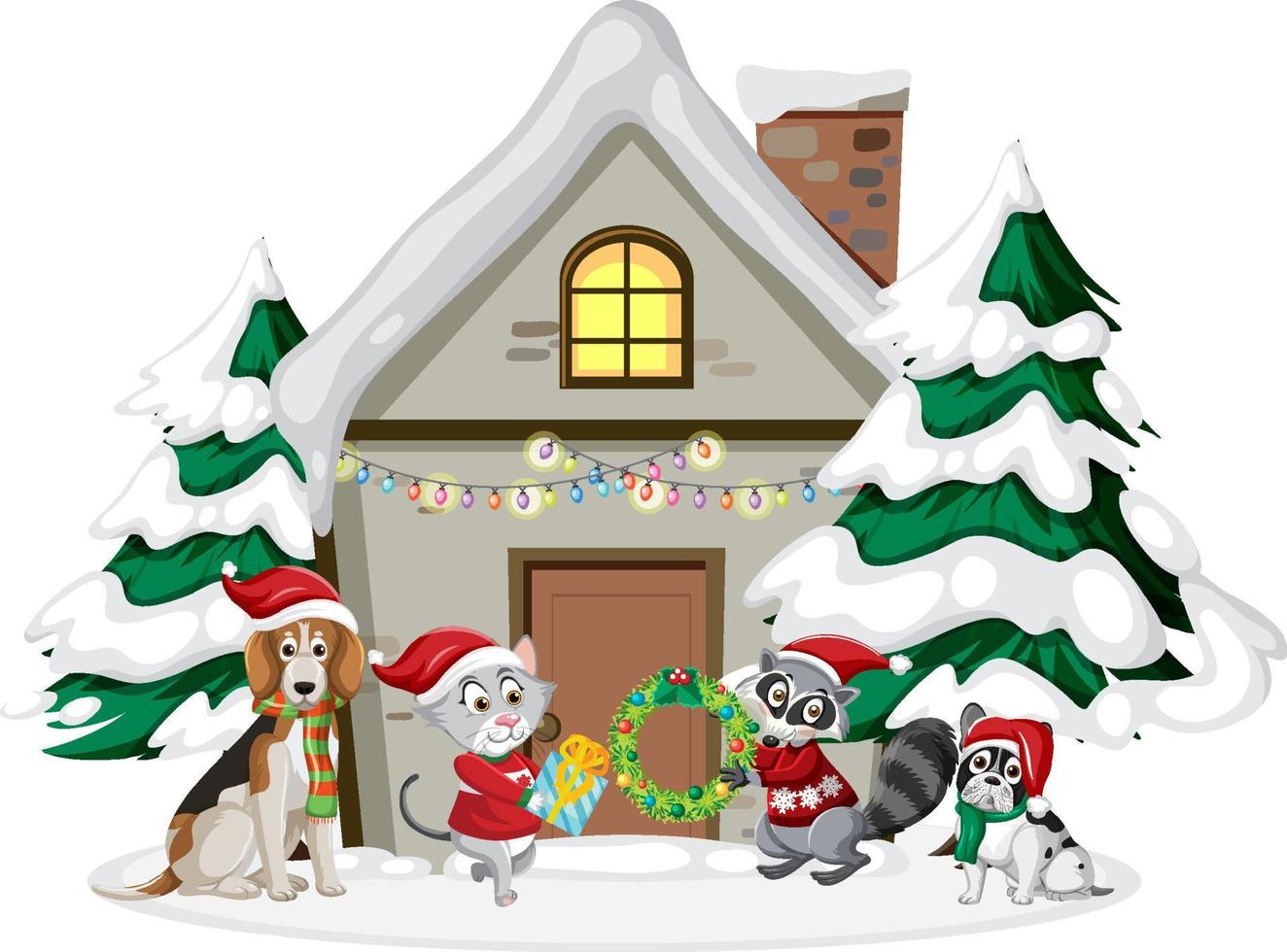 Animals standing in front of winter house in Christmas theme vector
