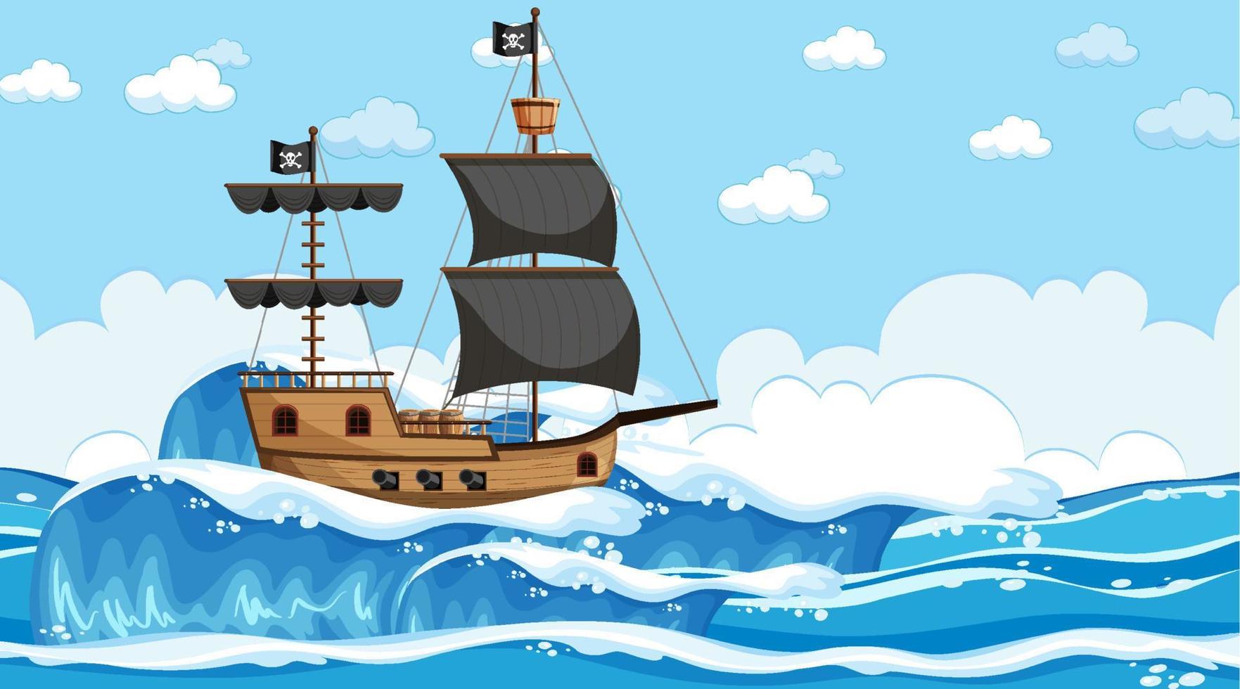 océano con barco pirata en la escena diurna en estilo de dibujos animados vector