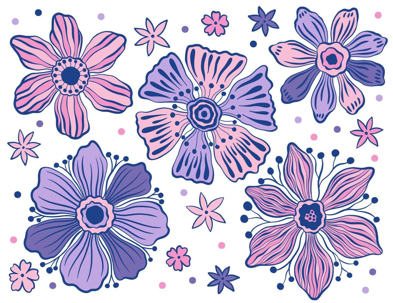 Establecer estilo de dibujos animados de capullos de flores.Aislado en fondo blanco.Planta floral de colección. vector