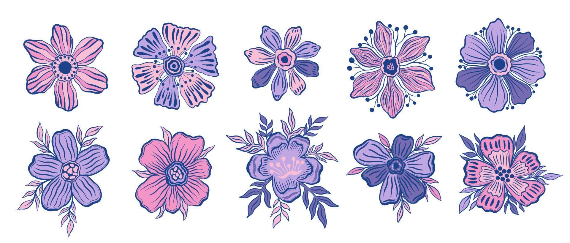 Establecer estilo de dibujos animados de capullos de flores.Aislado en fondo blanco.Planta floral de colección. vector