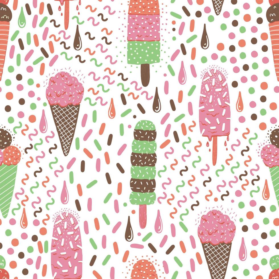 Ice-cream summer seamless pattern. Bright color. Hand drawn style. vector