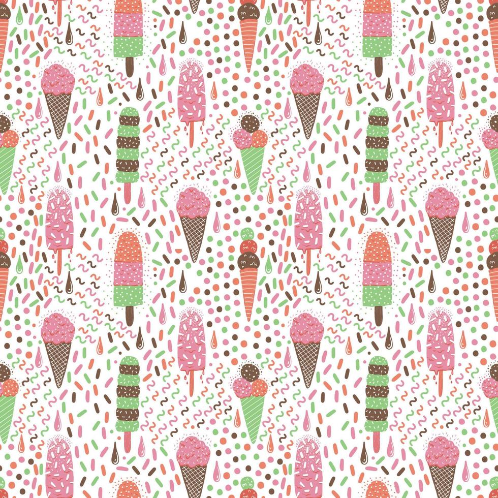 Ice-cream summer seamless pattern. Bright color. Hand drawn style. vector