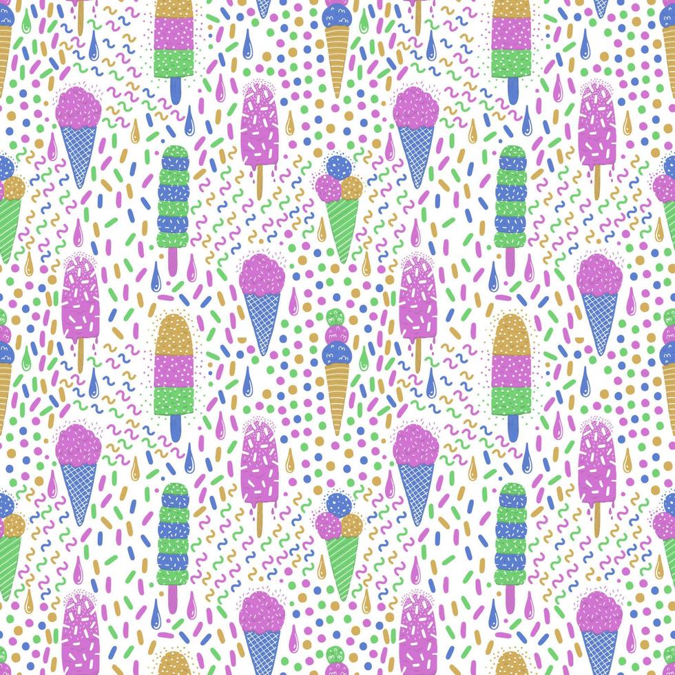 Ice-cream summer seamless pattern. Bright color. Hand drawn style. vector