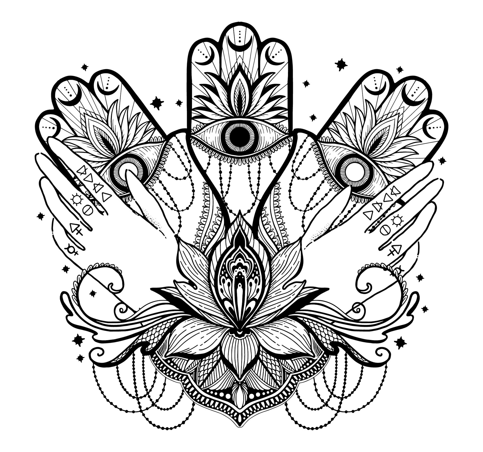 Mystic illustration line art.Hamsa,arm,lotus element. 4485178 Vector ...