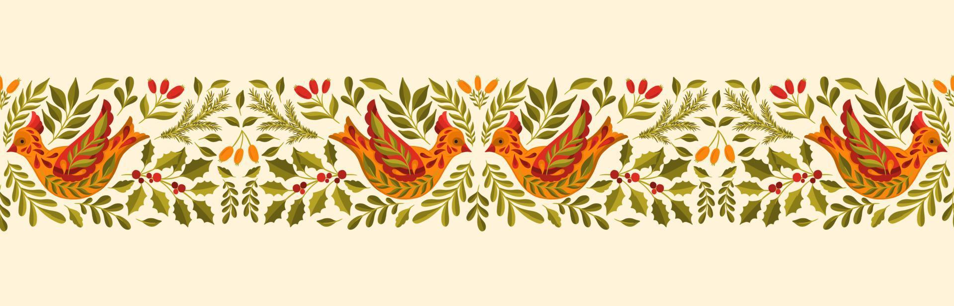 Seamless border ornament Christmas holiday.Bird and plant floral decoration. vector