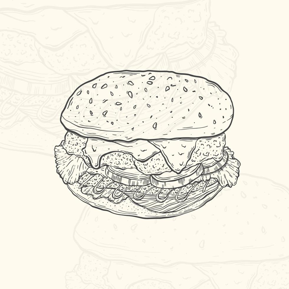 Illustration burger sketch food.Hand drawn element design menu. Isolated object in white background. vector