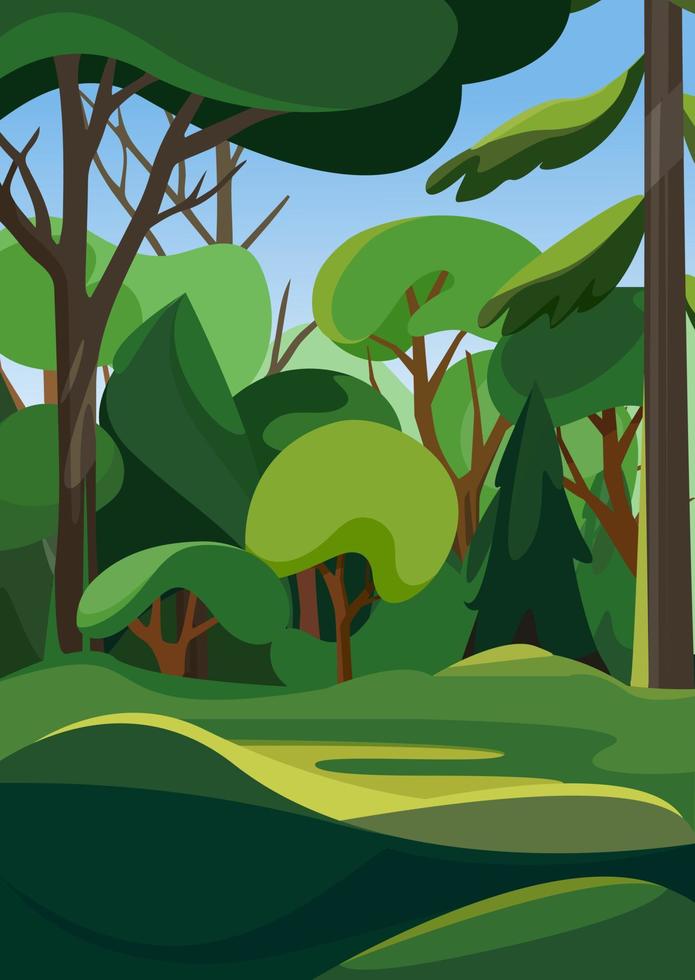 Dense forest in summer season. Natural scenery in vertical orientation. vector