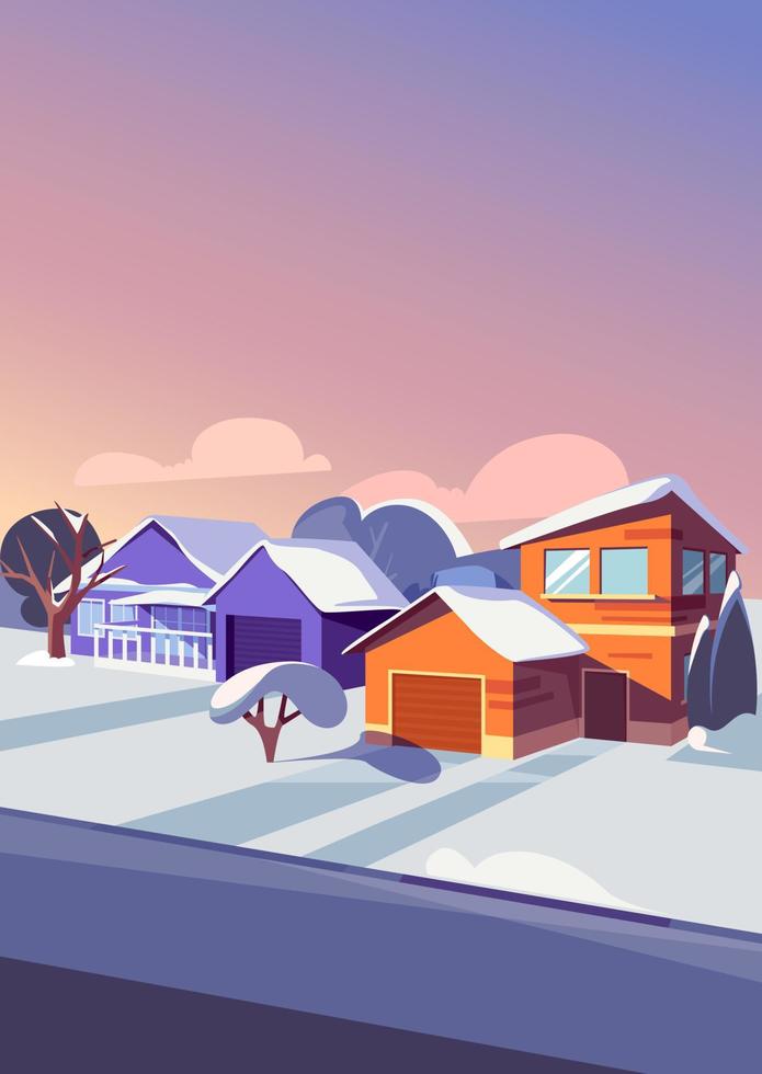 Suburban street in winter season. Illustration in vertical orientation. vector