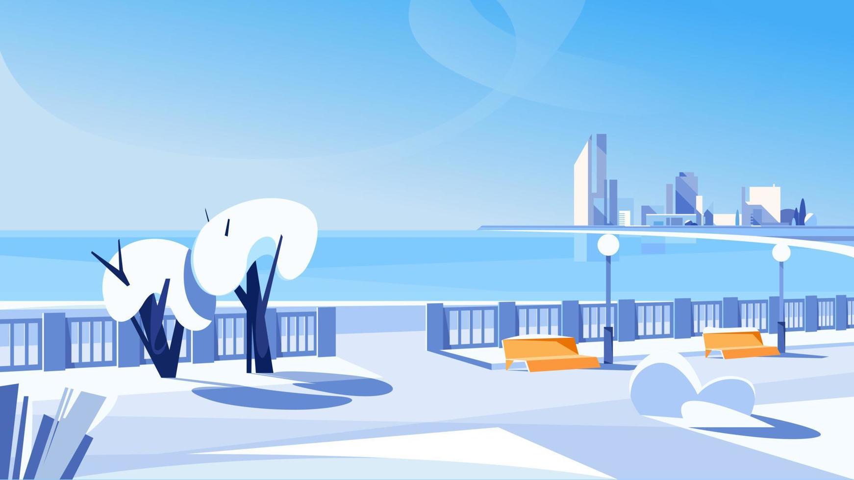 City embankment in winter season. vector