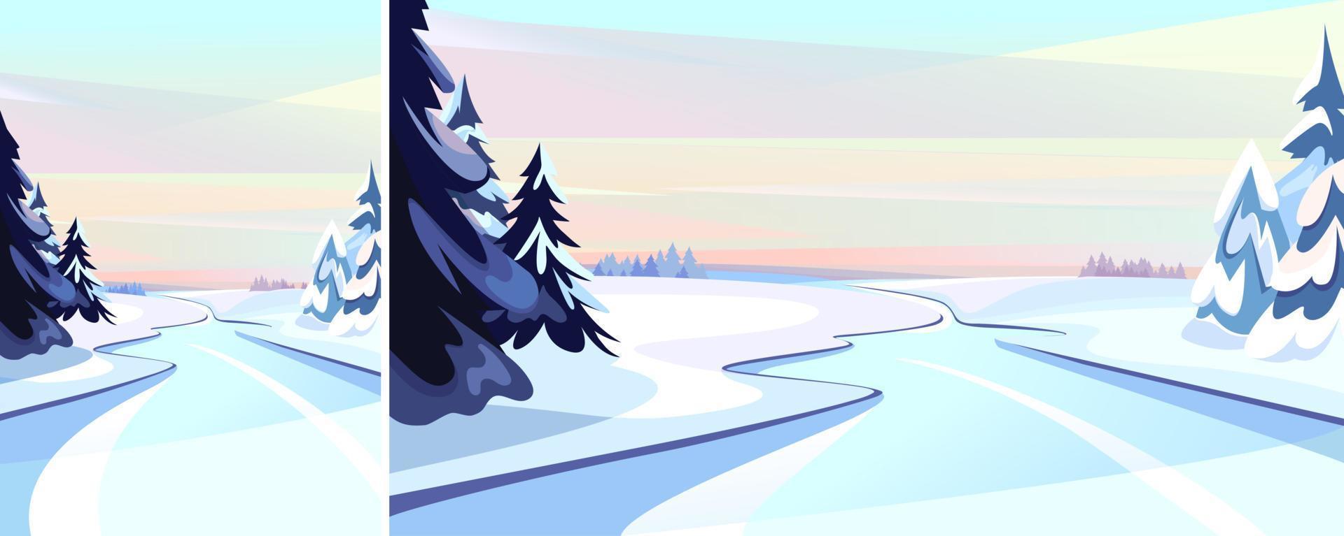 Frozen river at dawn. Winter scenery in different formats. vector