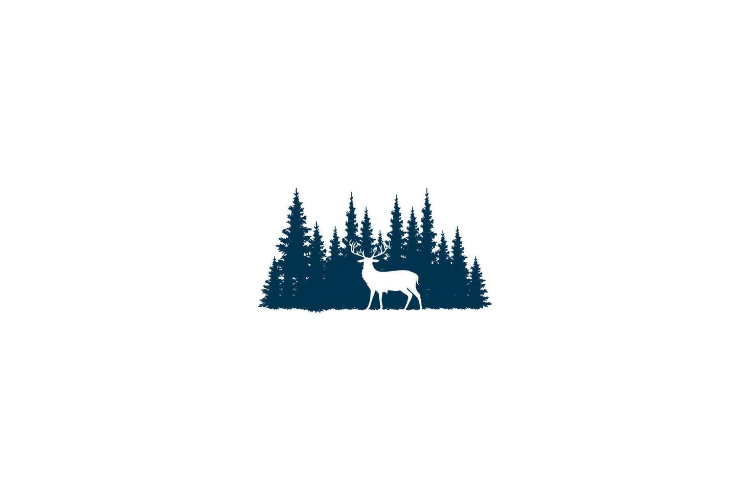 Pine Cedar Conifer Evergreen Fir Spruce Hemlock Larch Cypress Trees Forest with Deer Antler Reindeer Elk  for Wilderness Adventure or Hunting Logo Design Vector