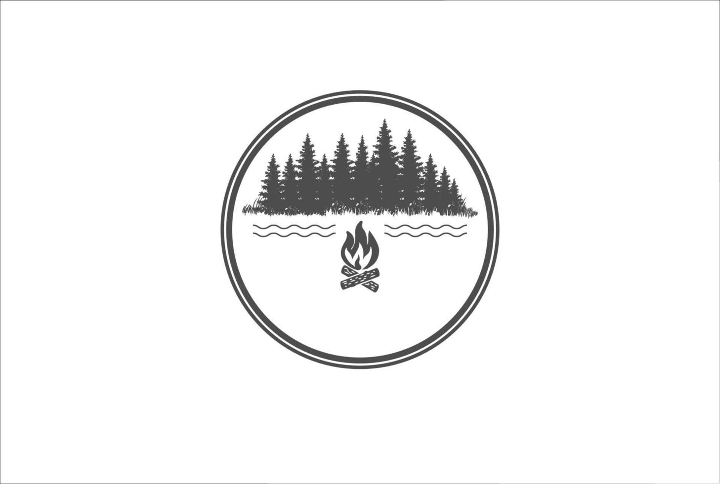 Pine Cedar Conifer Coniferous Evergreen Fir Larch Cypress Hemlock Tress Forest and River Lake Creek and Bonfire for Camp Outdoor Adventure Logo Design Vector