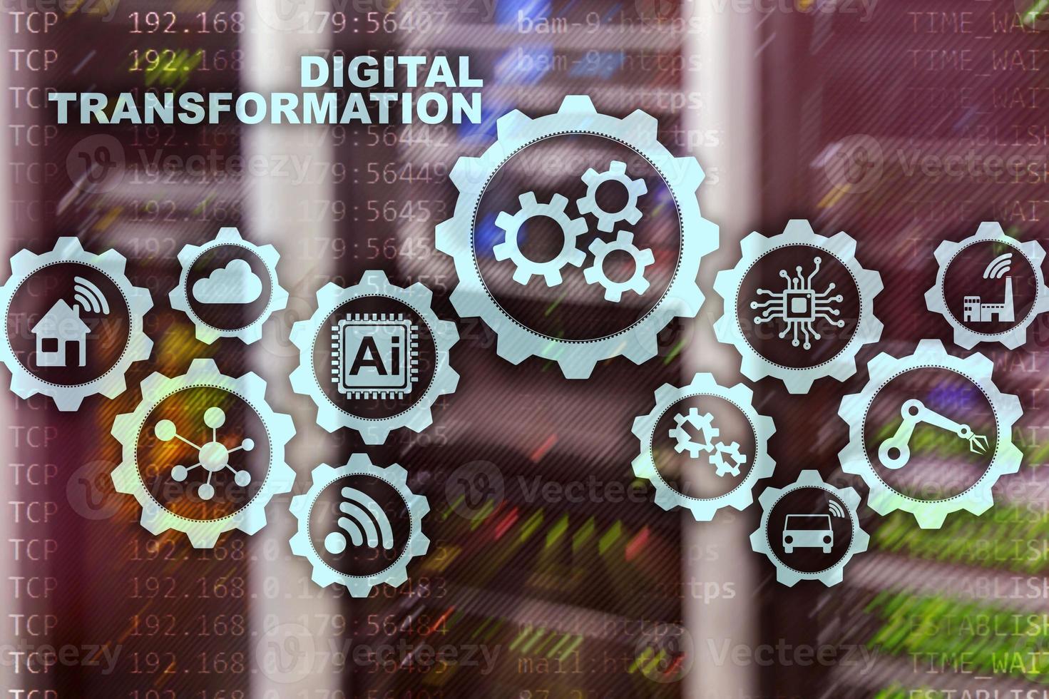 concepto de transformación digital de digitalización de procesos de negocio de tecnología. fondo del centro de datos foto