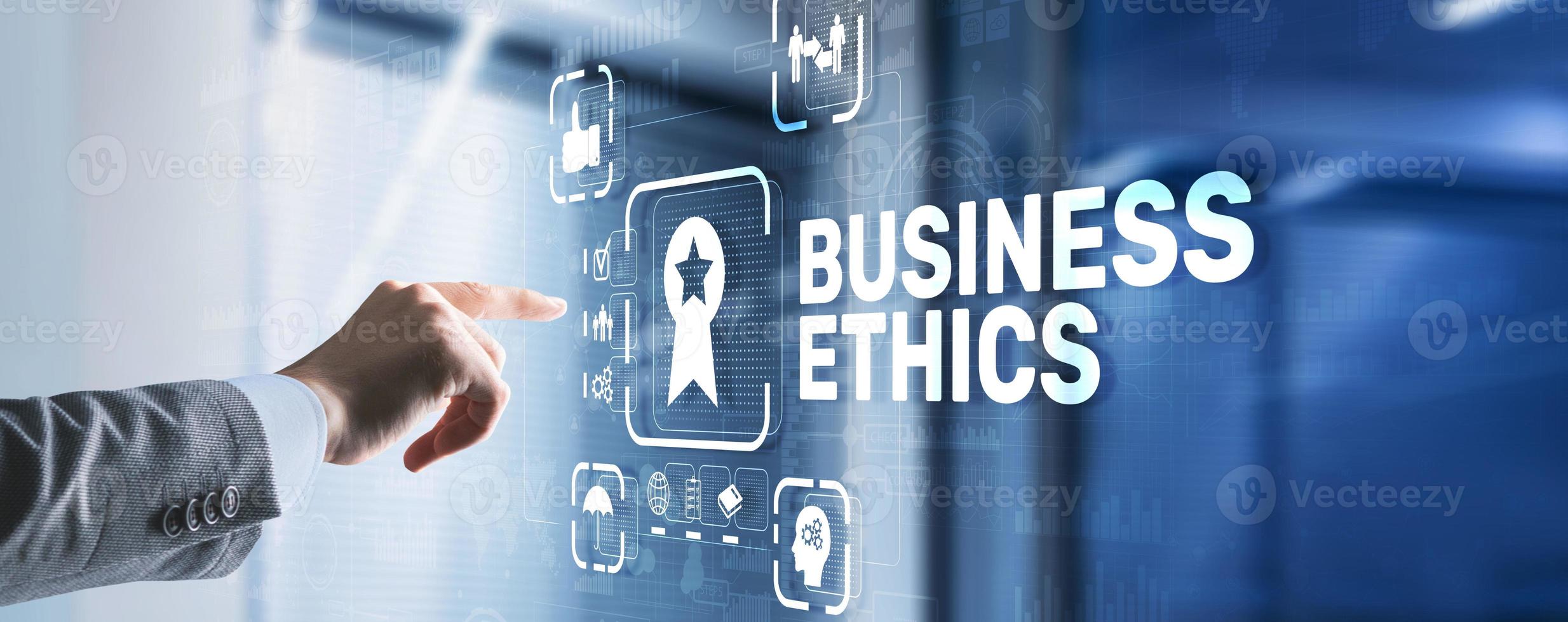 Business ethics Behavior and manners concept. Businessman pressing button on virtual screen photo
