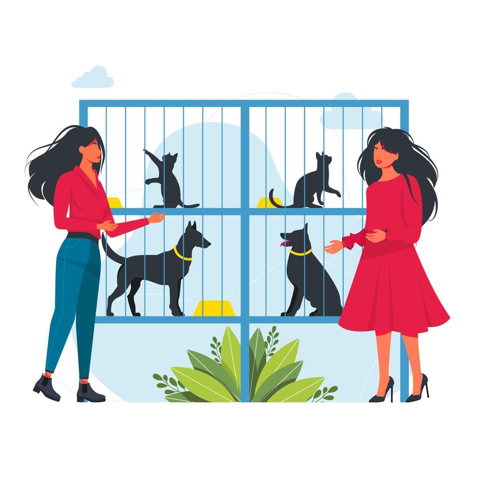 la gente elige animales en el refugio. personas que adoptan animales de un refugio para mascotas. refugio de mascotas o tienda de animales ilustración vectorial. personas que visitan el refugio de animales para la adopción de mascotas. perros y gatos. vector