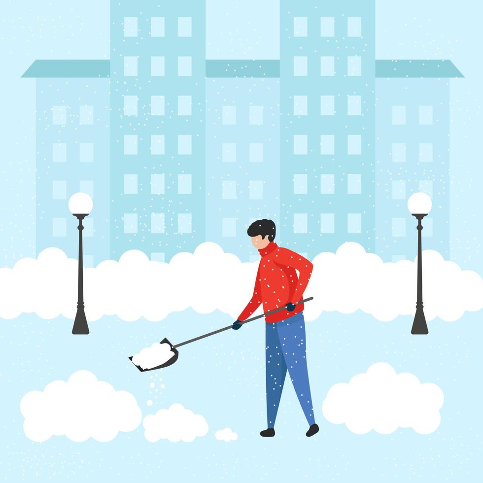 young man with a shovel cleans the house from snow. Clearing the area from snow during heavy snowfall. Flat illustration. Vector illustration