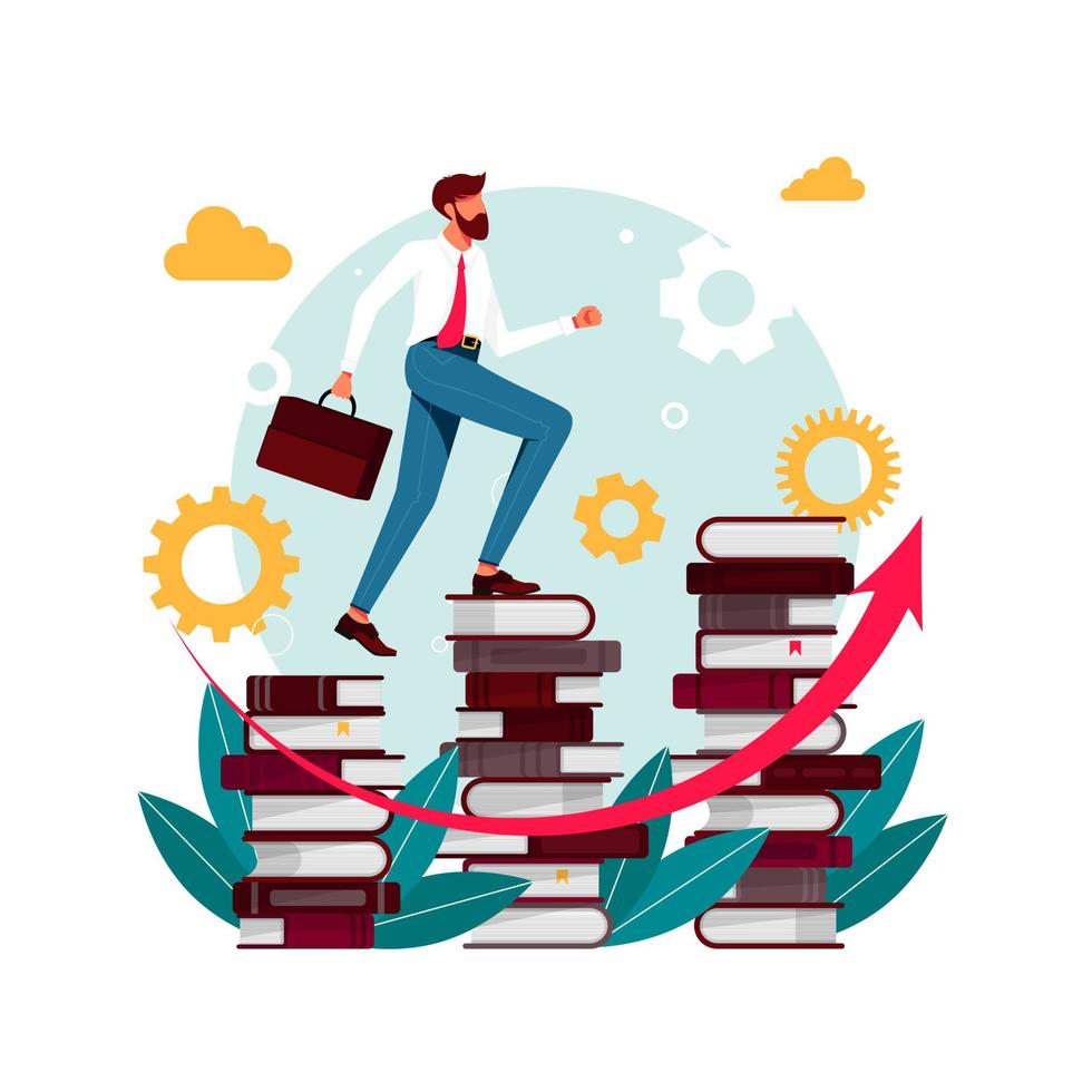 Climbing books.Person in library going top. People climbing books. Business success, education level, staff and skill development vector concept. Businessman going up the stairs which made from books.