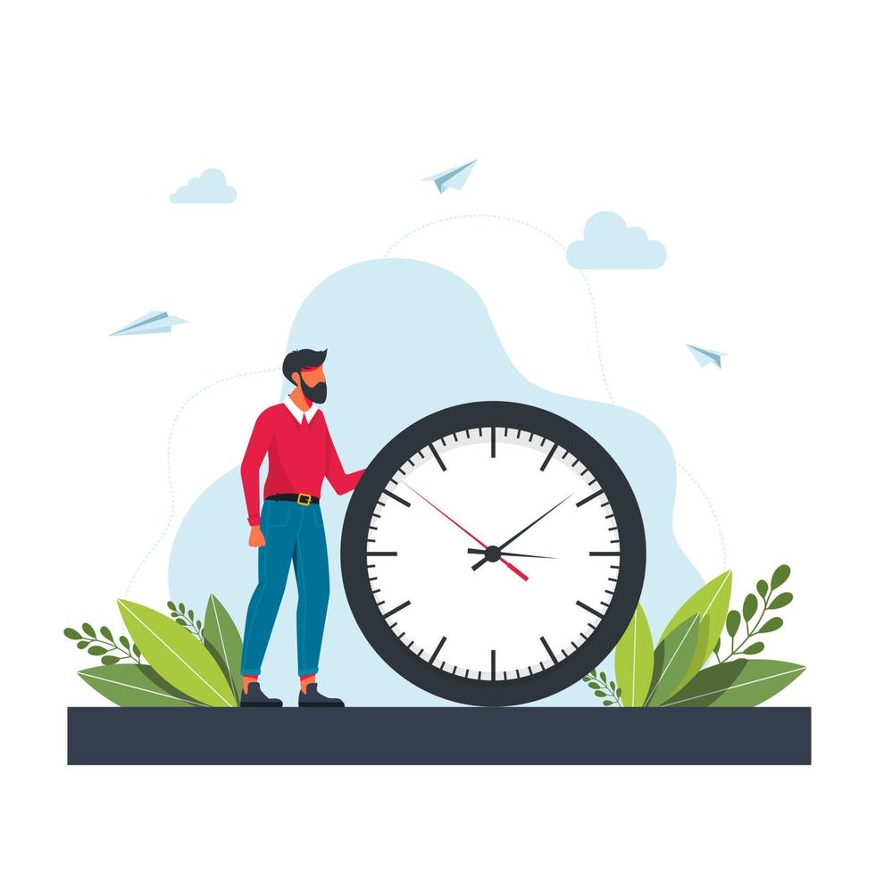 hombre apresurado y reloj de pared. concepto de gestión del tiempo, planificación eficaz para el trabajo productivo, tarea estresante, fecha límite, cuenta atrás. Ilustración de vector colorido plano moderno para cartel, banner.