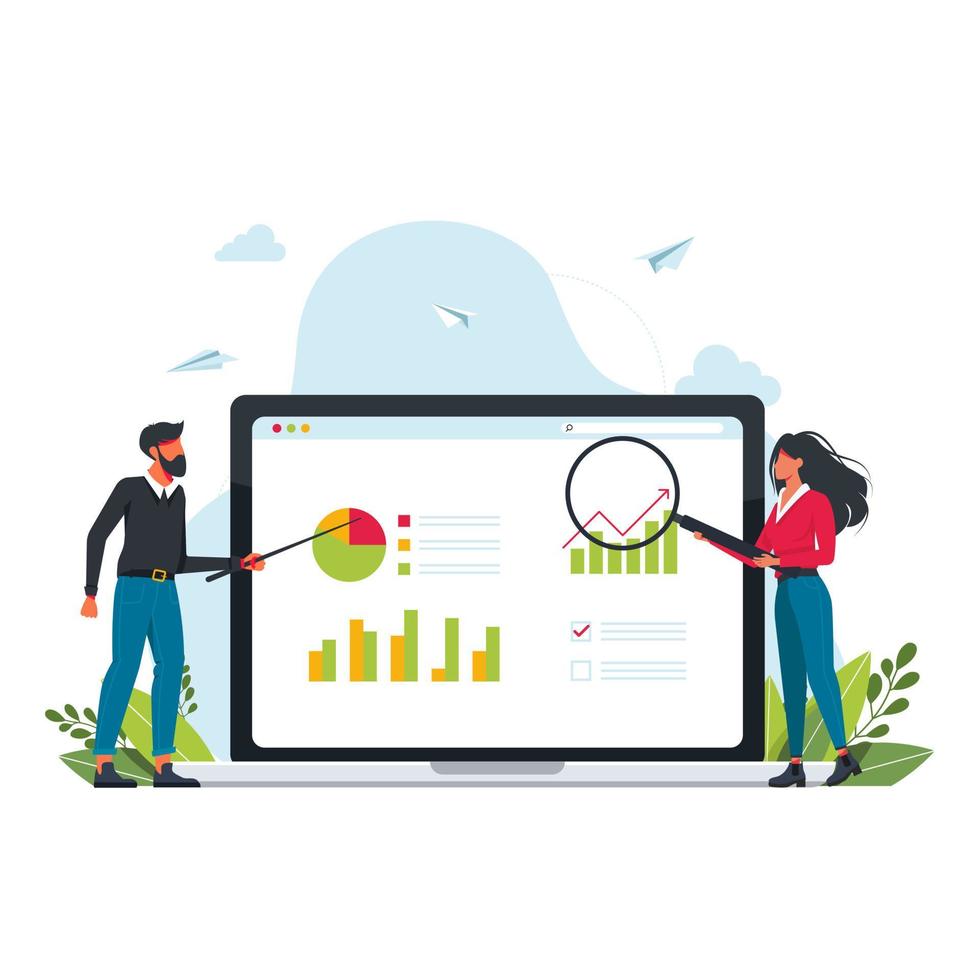 pronóstico de ventas e índice, análisis de ganancias.Concepto de progreso de ventas con gráfico en el monitor.La gente usa una lupa para buscar, señalar y analizar datos. hombre y mujer parados cerca de la pantalla del monitor vector