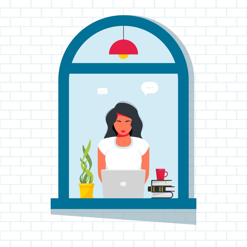 woman working at laptop from the street window. Business woman working remotely at home, sitting at a laptop on a windowsill. Lockdown, Quarantine. Freelance, online studying, work from home concept vector
