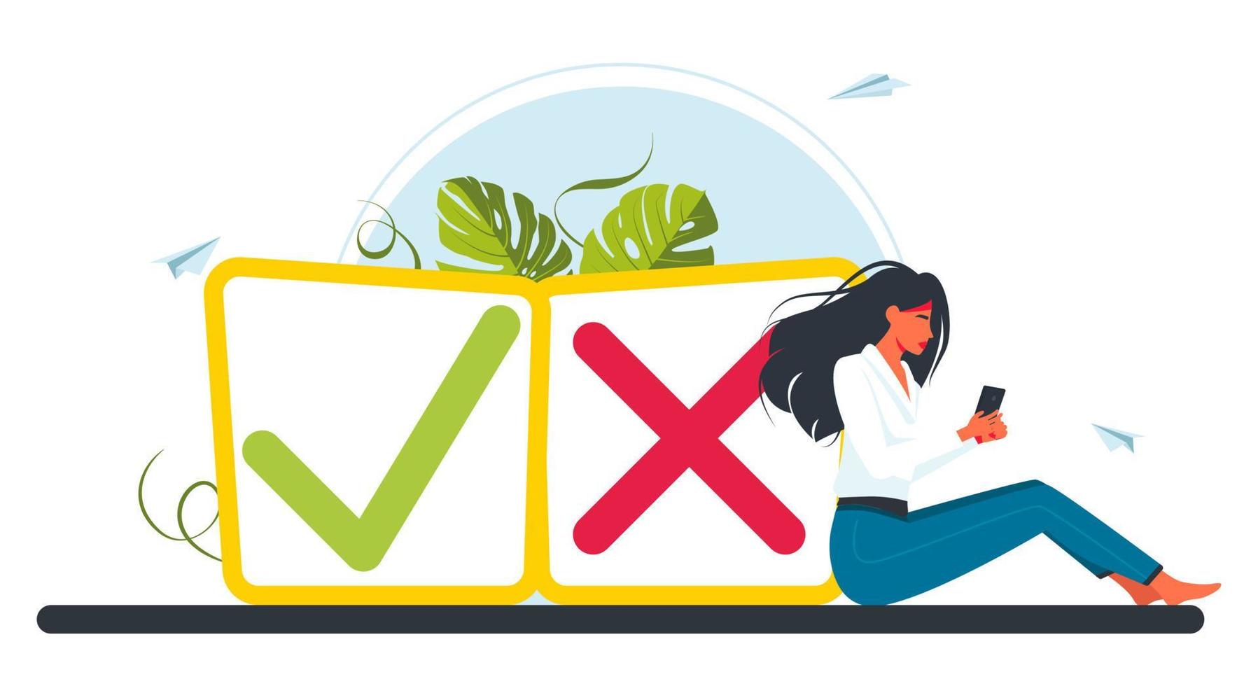 People at the button of a Tick and Cross sign. vote, election choice, checkmarks, Vector illustration for web banner, infographics, mobile. Checklist marks, choice options, survey signs.