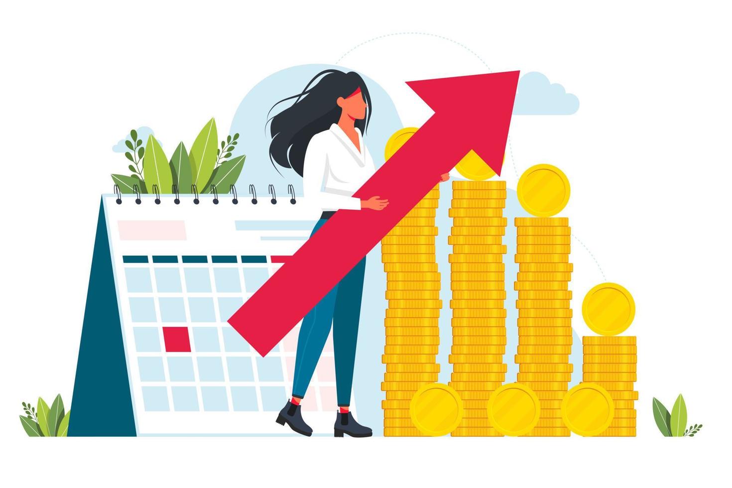 Audit concept.Professional financial management.Business operation research and analysis. Financial inspection and analytics.woman on the background of a heap of money coins and calendar. Vector