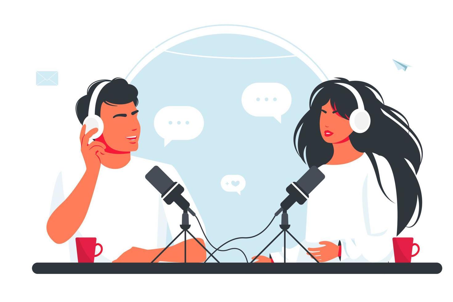 man and woman are recording a podcast. Boy, girl in headphones talking into a microphone. Radio DJ is broadcasting online. Joyful person radio host interviewing guest, mass media broadcasting. Vector