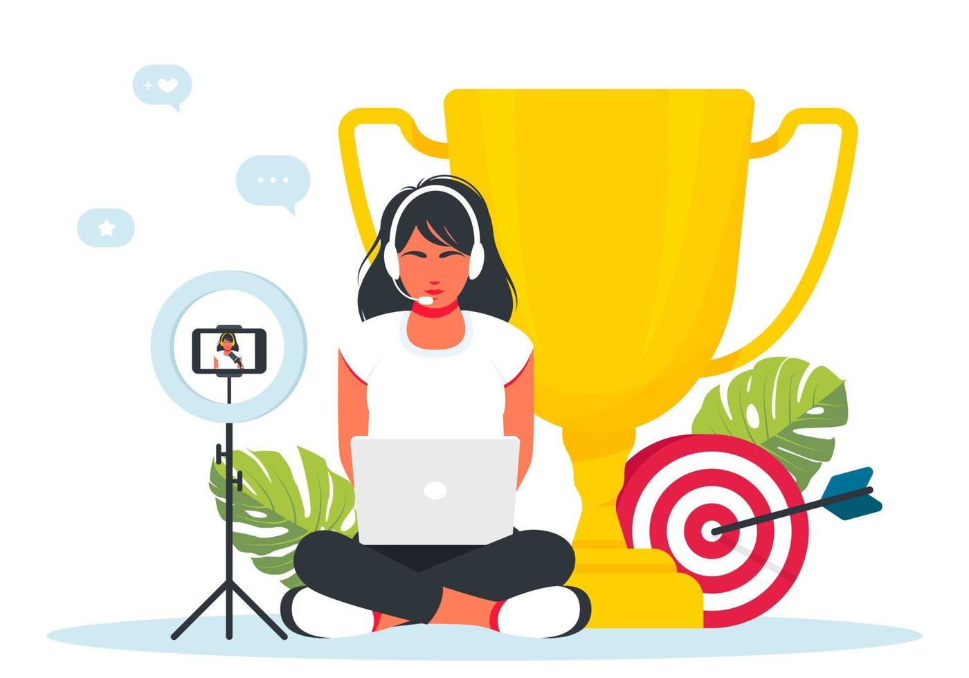 vector illustration Girl gamer sits at a laptop, playing a video game on the background of the cup. Cybersport. Professional esports tournament event, player at the computer. Woman Shooting Video Blog
