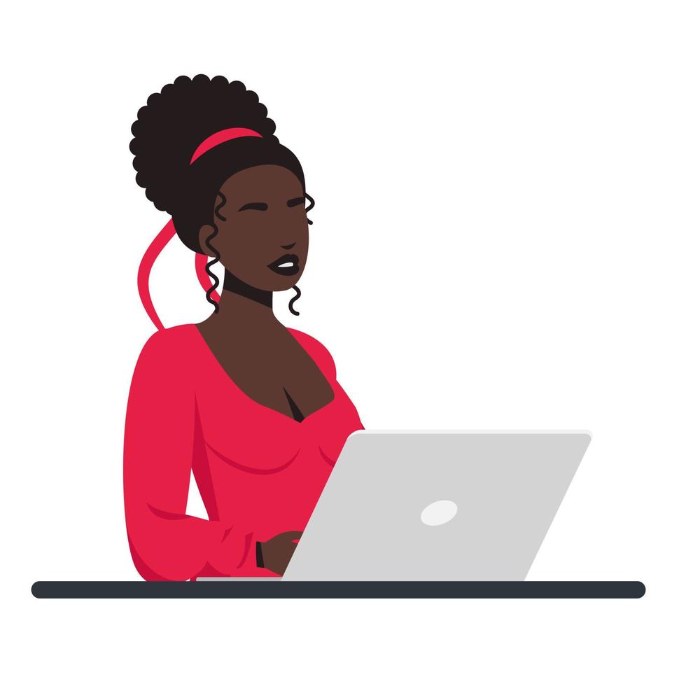 mujer afro que trabaja en la computadora portátil o la computadora desde casa con una taza de café. concepto de oficina en casa, una mujer que trabaja desde casa, estudiante o autónomo. ilustración vectorial, estilo plano. trabajo a distancia, autónomo vector