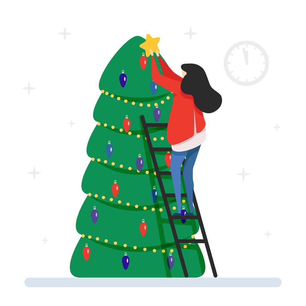 mujer solitaria en las escaleras decorar con estrella árbol de año nuevo, año nuevo y navidad, ilustración plana - celebración de una fiesta - año nuevo, vector de dibujos animados aislado sobre fondo blanco