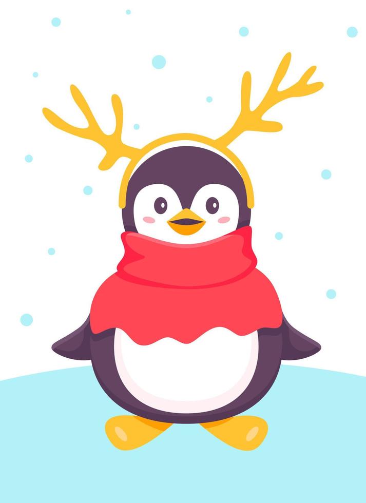 pingüino con bufanda, pechera y astas de ciervo. Navidad y Año Nuevo. personaje de pingüino tipo de dibujos animados divertidos. pingüino de navidad, mascarada. ilustración vectorial vector