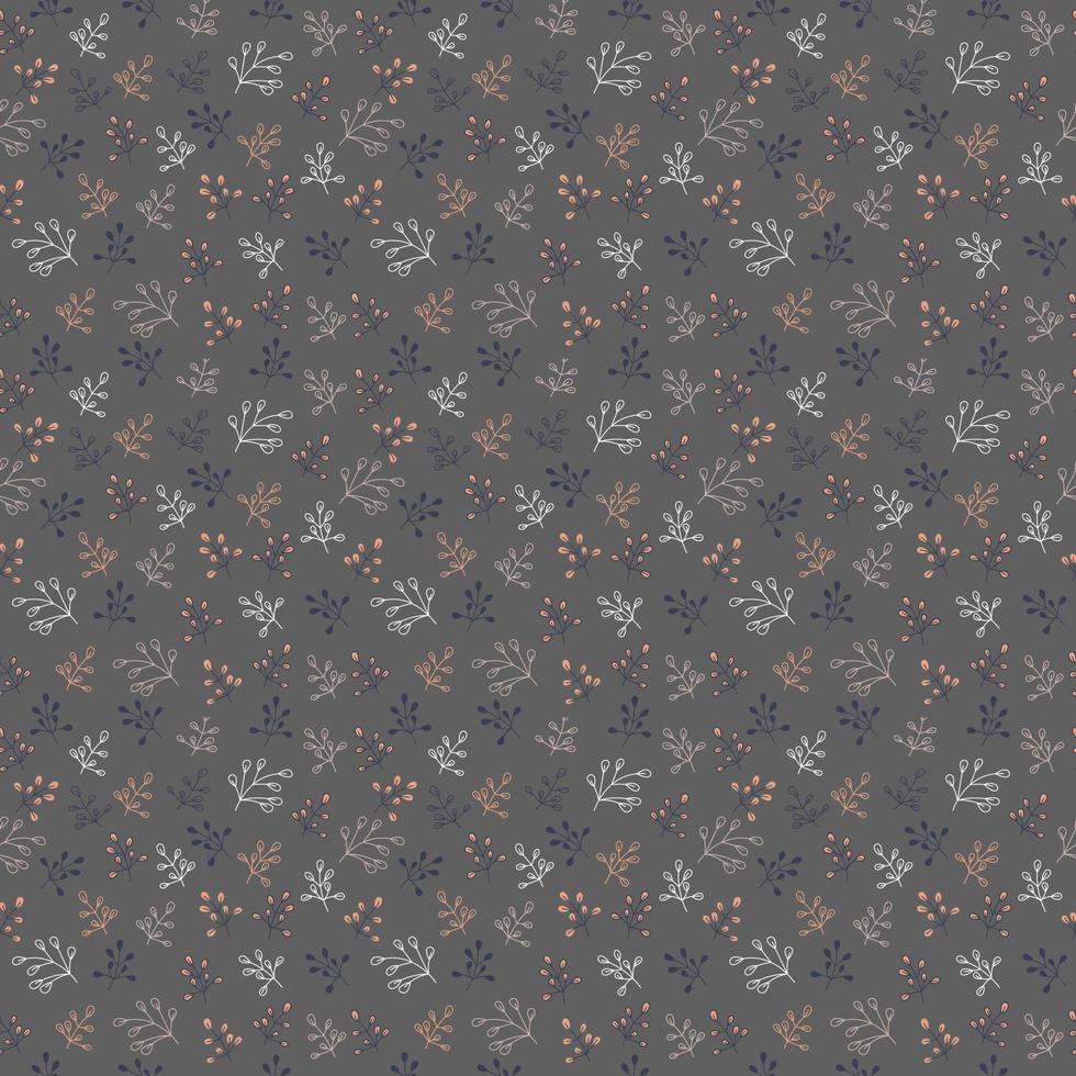 Hand drawn vector seamless pattern with floral elements on a dark background. Vector pattern with leaves, twigs, branches, berries, grass. Vector illustration