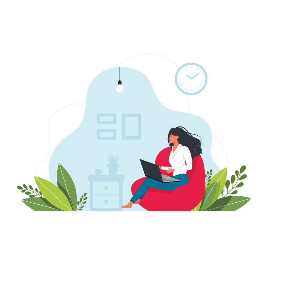 woman sits on an ottoman and works at a laptop. woman with laptop sits on a large pouf. Concept of comfortable work in the office or at home. Vector. Freelance or studying concept. Home office concept vector