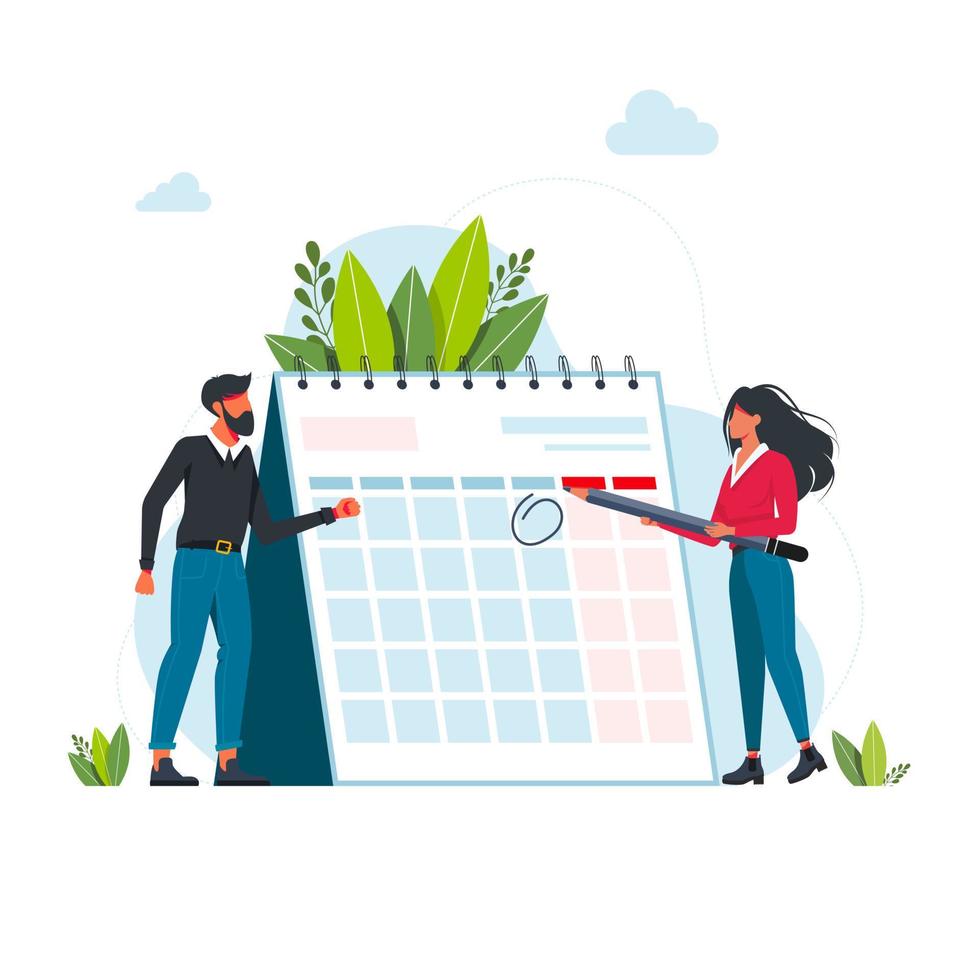 Time management and deadline concept. Businessmans planning events, deadlines, and agenda. Calendar, schedule, organization process flat vector illustration. Time management concept for banner