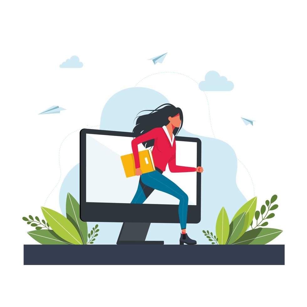 mujer saliendo de la pantalla del monitor concepto de desintoxicación digital chica pasar tiempo sin aparatos abandonando internet y redes sociales copia horizontal de longitud completa espacio ilustración vectorial vector