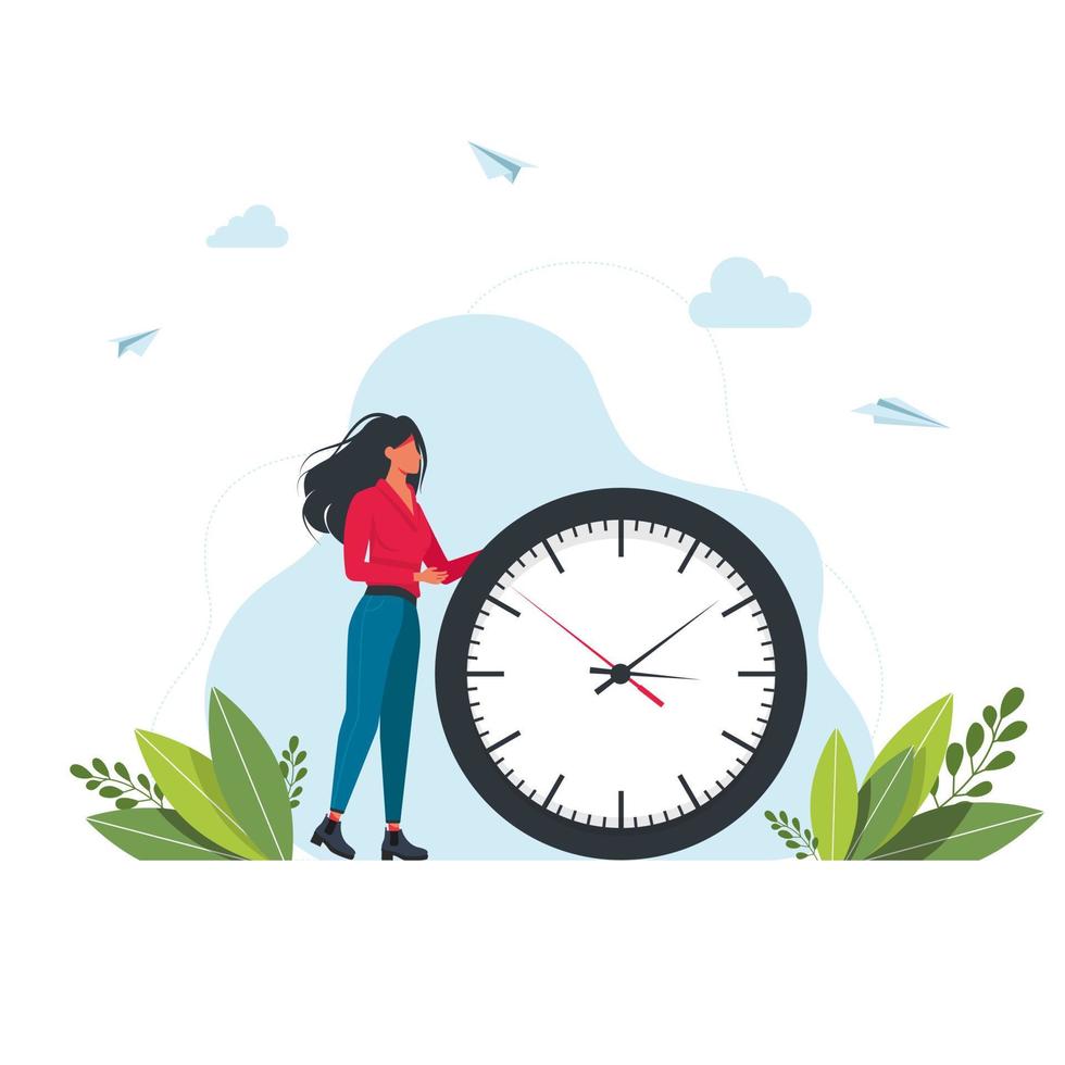 Hurrying woman and Wall Clock. Concept of time management, effective planning for productive work, stressful task, deadline, countdown. Modern flat colorful vector illustration for poster, banner.
